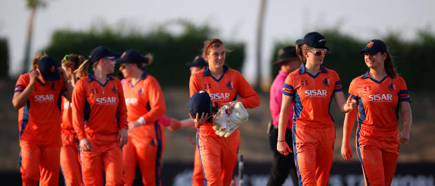 Players of Netherlands celebrate after the team's victory during the ICC Women's T20 World Cup Qualifier 2024 match between Vanuatu and Netherlands at Tolerance Oval on April 27, 2024 in Abu Dhabi, United Arab Emirates.