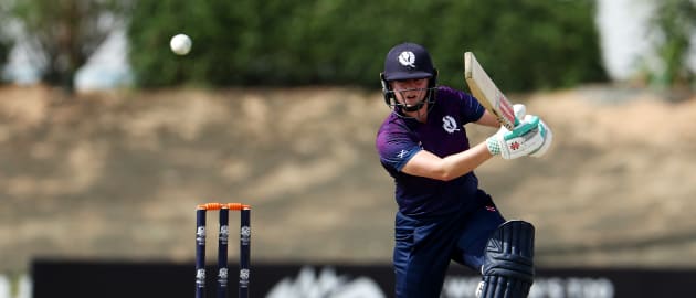 Kathryn Bryce of Scotland plays a shot during the ICC Women's T20 World Cup Qualifier 2024 match between USA and Scotland at Tolerance Oval on April 29, 2024 in Abu Dhabi, United Arab Emirates.